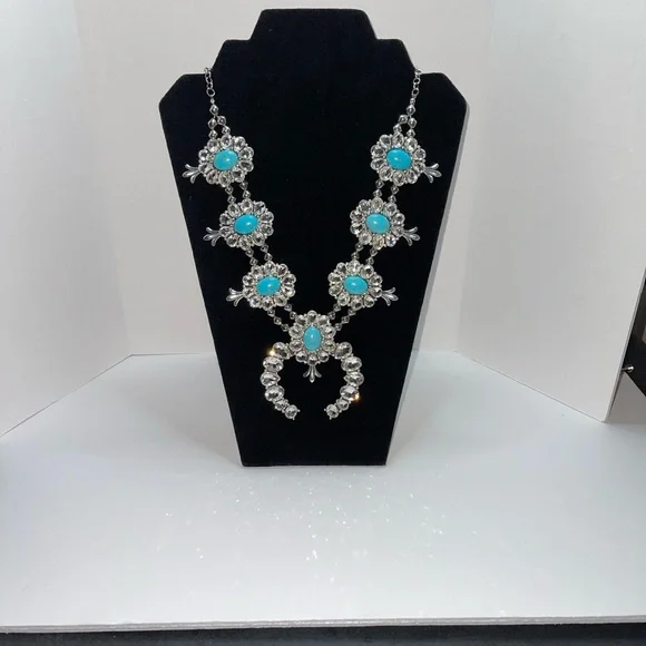 Silver tone squash blossom necklace with rhinestones & faux turquoise - Picture 2 of 13